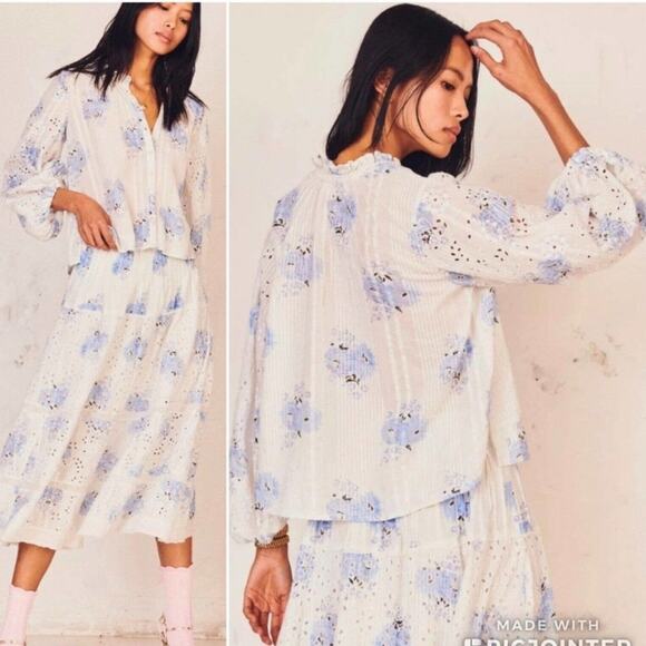 LoveShackFancy Spectra Floral Button down eyelet blouse white cotton blue floral - Picture 4 of 14